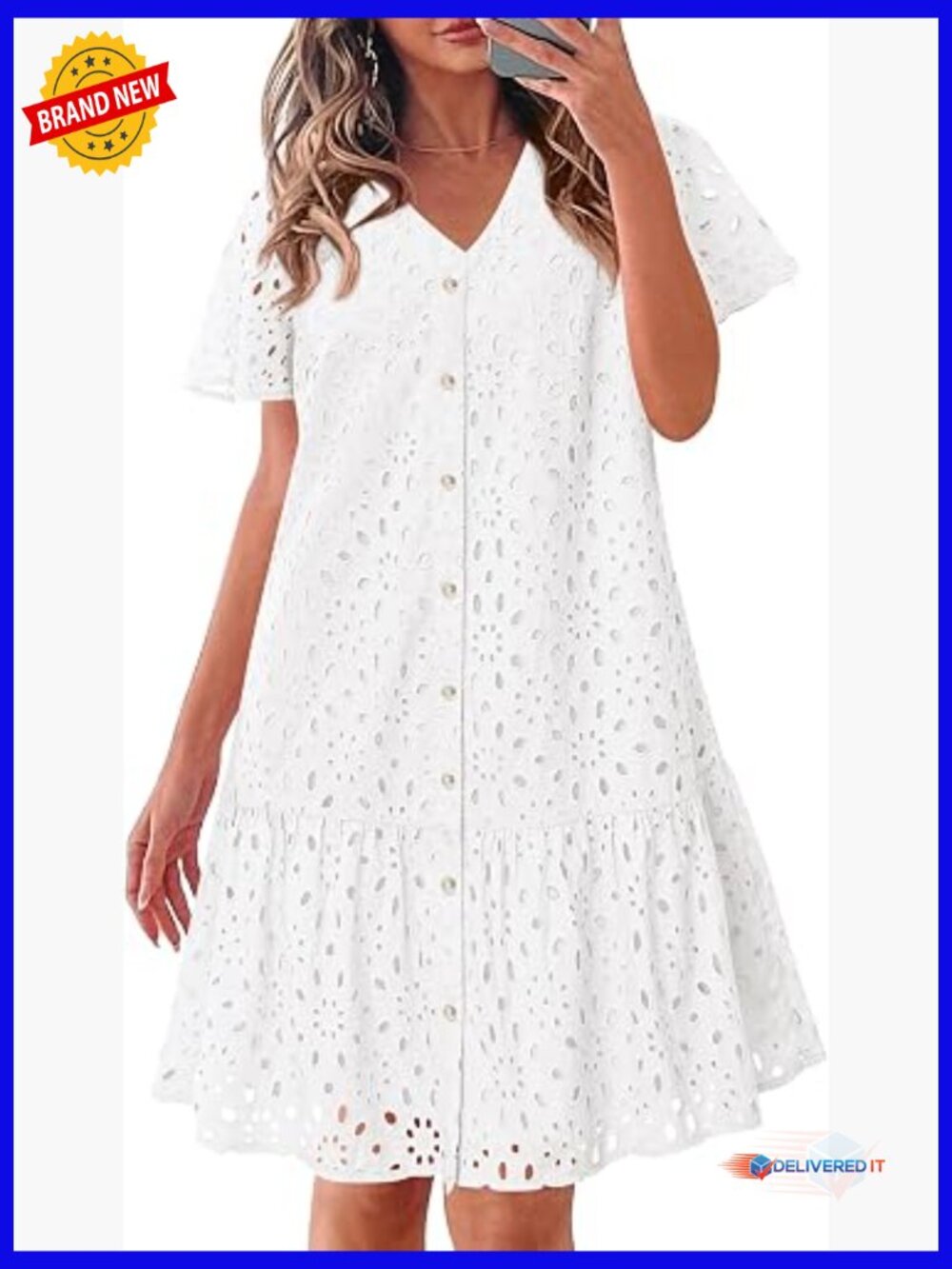 Eyelet Loose Mini Babydoll Dress Short Sleeve Button Down Shift Dress